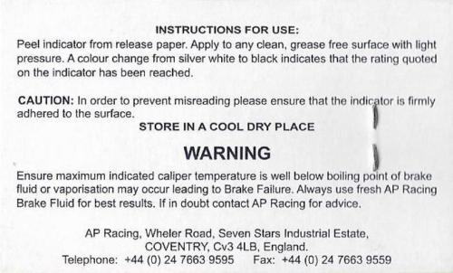 AP Racing Temperature Indication Strips 2x Strips/Pack for all Brembo caliper